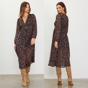 Skies Are Blue Black Floral Long Puff Sleeve Low Cut Button Front Midi Dress Lg
